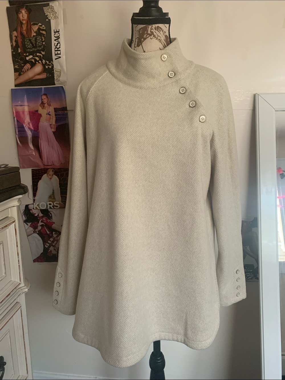 J. McLaughlin Cream Button-Accent Turtleneck Swing Sweater